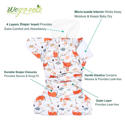 wegreeco Cloth Diapers 6 Pack with 6 Inserts & 1 Wet Bag, Washable Cloth Diapers for Babies, One Size Adjustable Reusable (Flower)