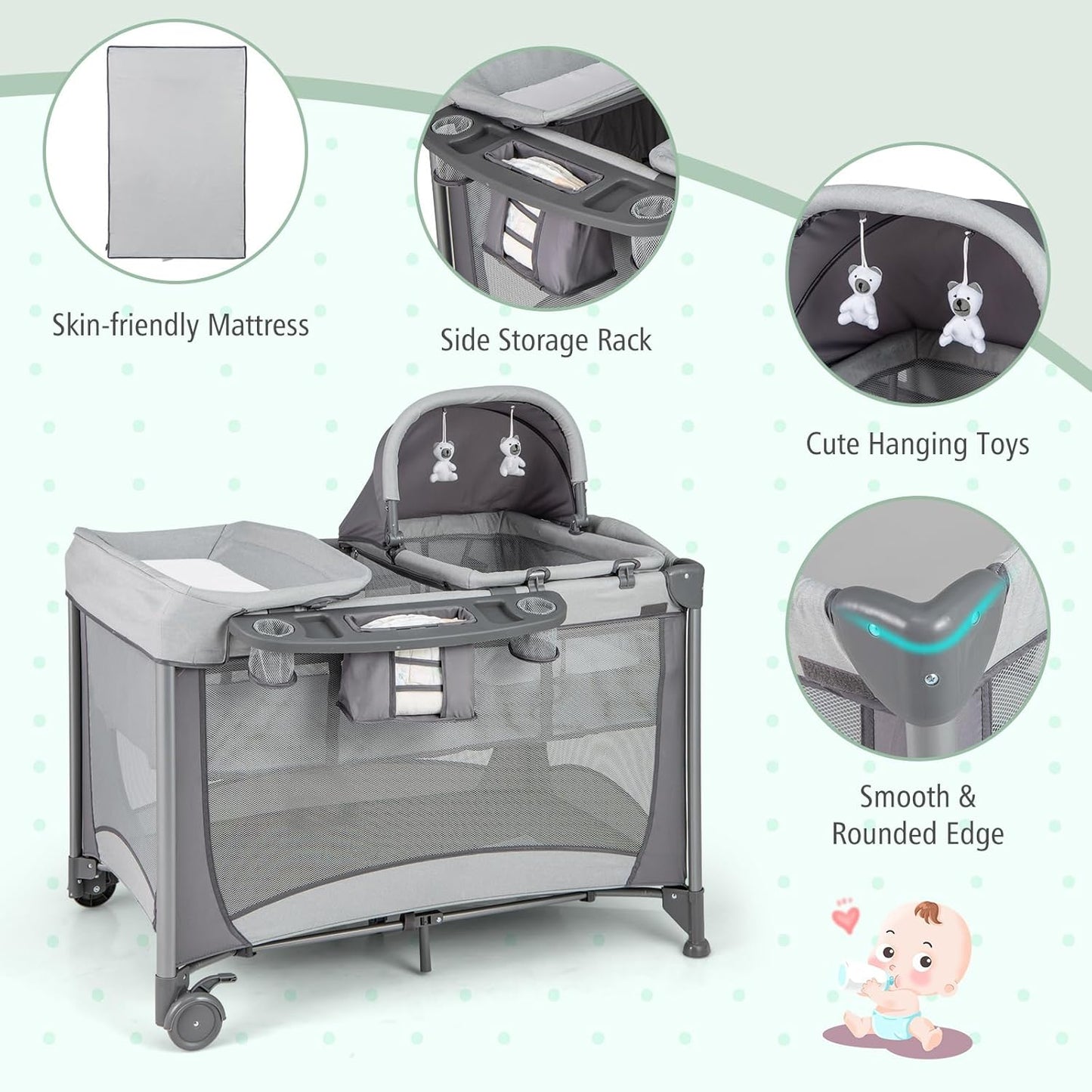 HONEY JOY Pack and Play, 5 in 1 Portable Infant Playpen with Bassinet & Changing Table, Storage Bag, Music Box, Toys, Carry Bag, Nursery Center, Baby Playard Pack n Play Crib for Boys Girls