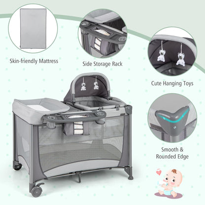 HONEY JOY Pack and Play, 5 in 1 Portable Infant Playpen with Bassinet & Changing Table, Storage Bag, Music Box, Toys, Carry Bag, Nursery Center, Baby Playard Pack n Play Crib for Boys Girls