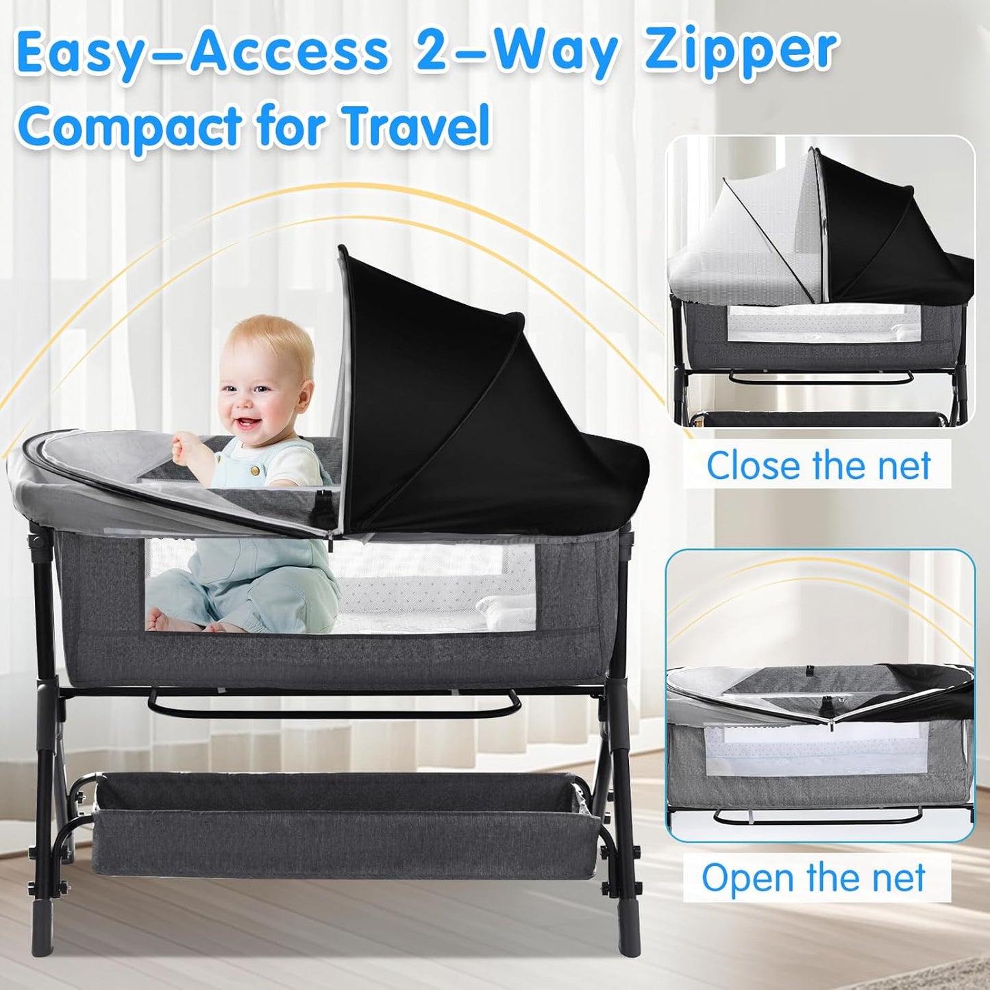 Bassinet Mosquito Net Cover - Half-Blackout Mosquito Net for Baby Crib & Bedside Sleeper, Breathable Crib net with 2-Way Zipper, Sun-Blocking Baby Mosquito Net Cover (Gray-Small)