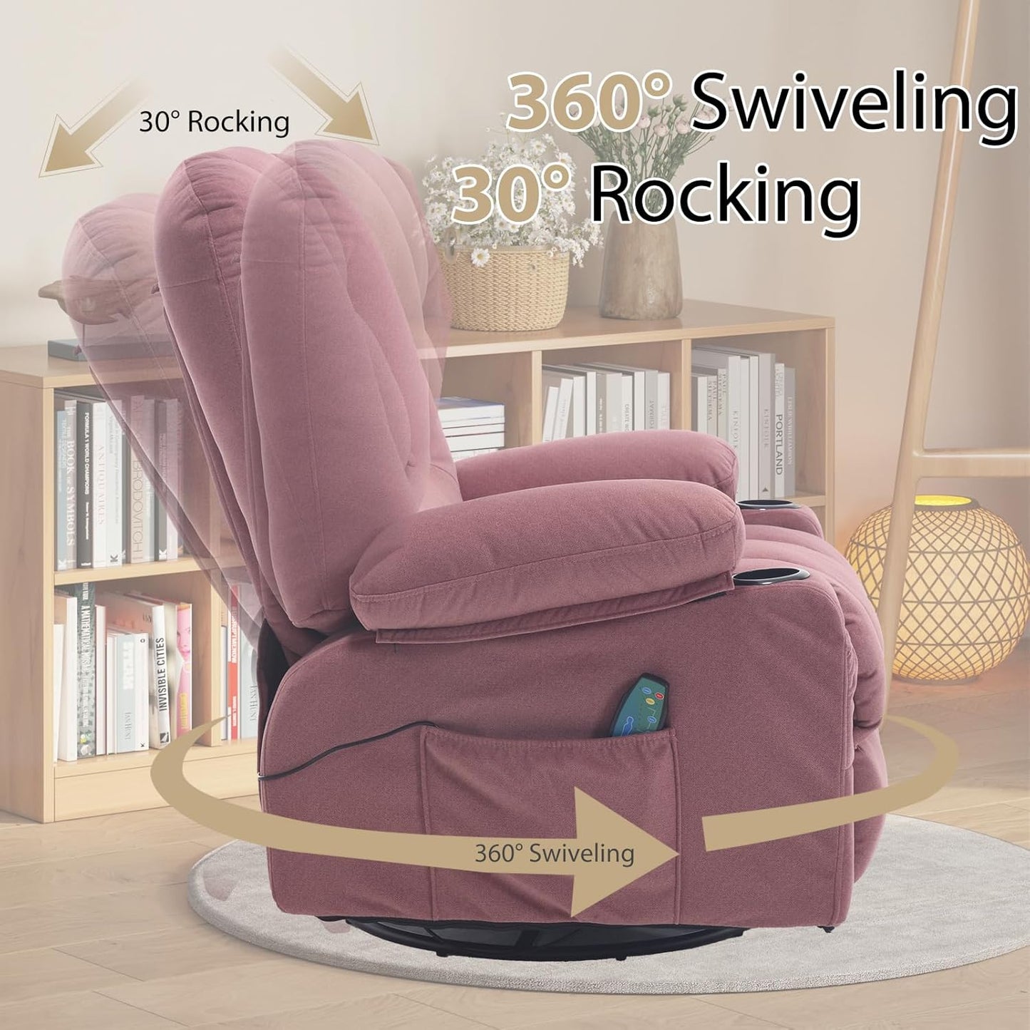 Rocker Recliner Chair with Massage and Heat, Oversized Rocking Nursery Recliners Overstuffed Swivel Glider with Cup Holder, Fabric Manual Single Sofa for Living Room, Beige