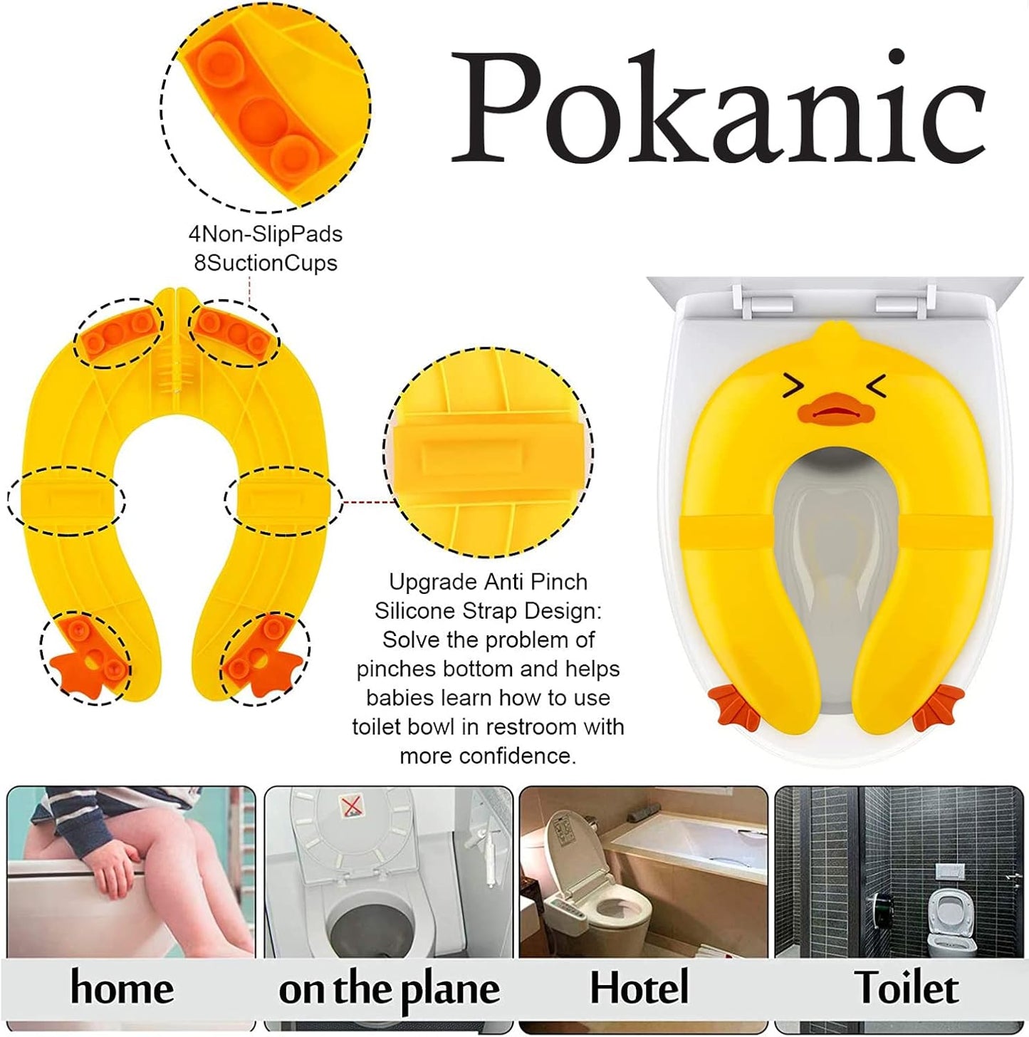 Toilet Potty Training Seat Cover, Travel Toilet Seat, Folding Non Slip Silicone Pads, Travel Portable Reusable Kids Toddlers Boys Girls, Carry Bag (Yellow - Duck)