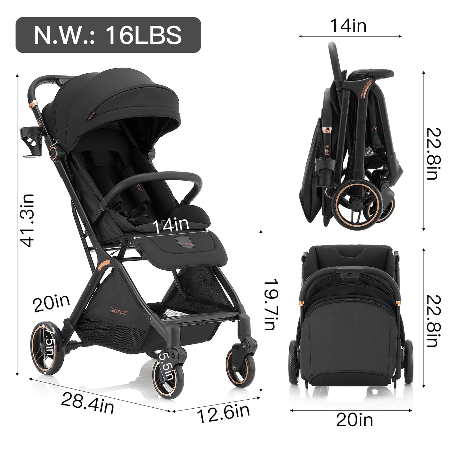 Gromast Gravity Folding Baby Stroller - Portable Travel Toddler Stroller w/Adjustable Backrest, Canopy & Cup Holder, Lightweight and UV Protected, One-Hand Automatic Folding - Green