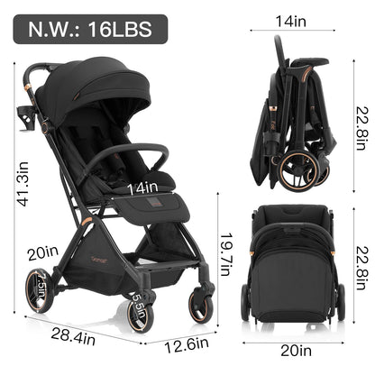 Gromast Gravity Folding Baby Stroller - Portable Travel Toddler Stroller w/Adjustable Backrest, Canopy & Cup Holder, Lightweight and UV Protected, One-Hand Automatic Folding - Green
