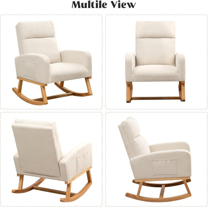 HCHAIRH Rocking Chair Nursery, Upholstered Fabricr Nursing Rocking Chairs with Soft High Back, Modern Nursery Glider Rocker for Mom Living Room, Bedroom, Camel