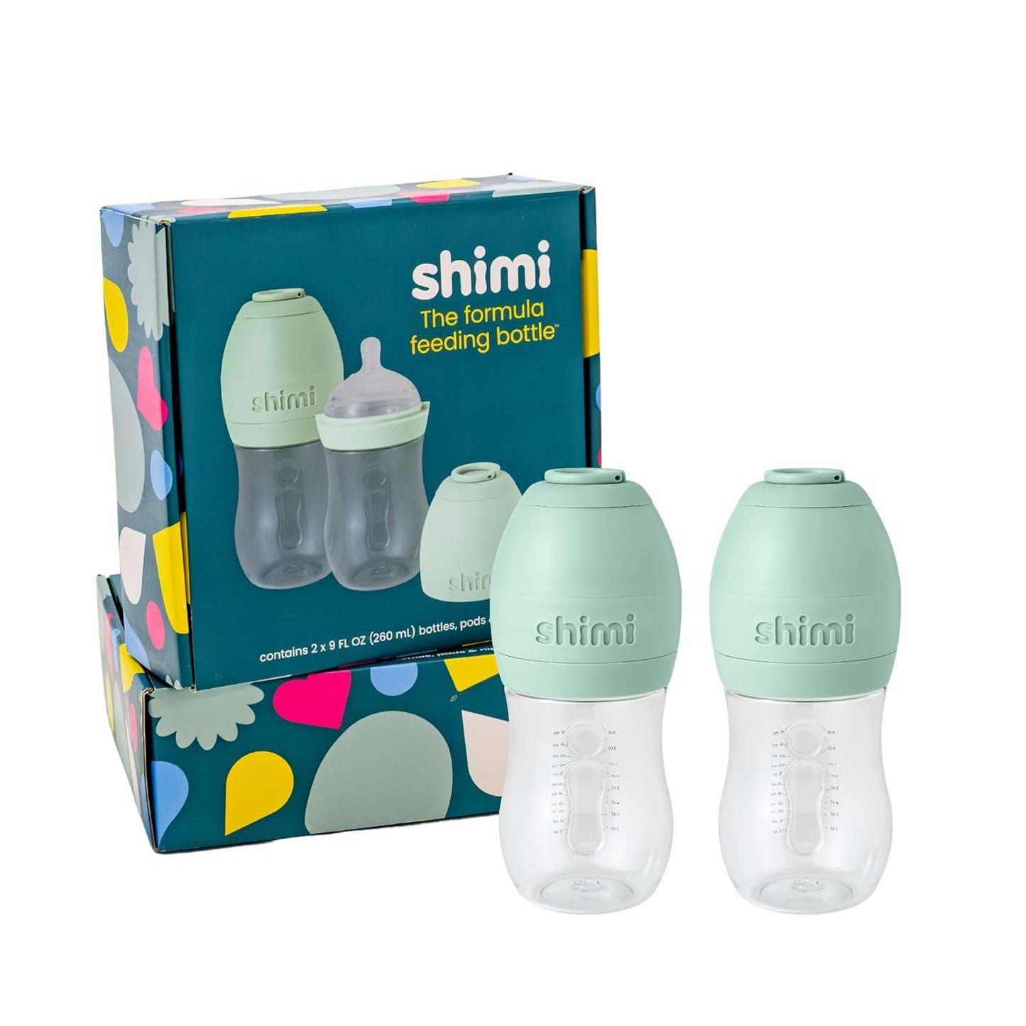 Shimi 2.0 Baby Formula Bottle with Refillable Formula Pods, 9 oz Tritan Feeding Bottle with Anti-Colic Silicone Nipple, Built-in Formula Dispenser for Travel and On-the-Go Feeding, Pack of 2