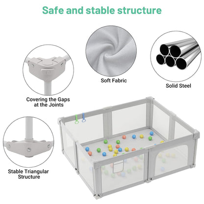 Foldable Playpen for Babies and Toddlers, 51" Portable Play Pen with Mat and Ocean Balls, Play Yard with with Visible Mesh for Inddor and Outdoor, No Assembly Required, Dark Gray