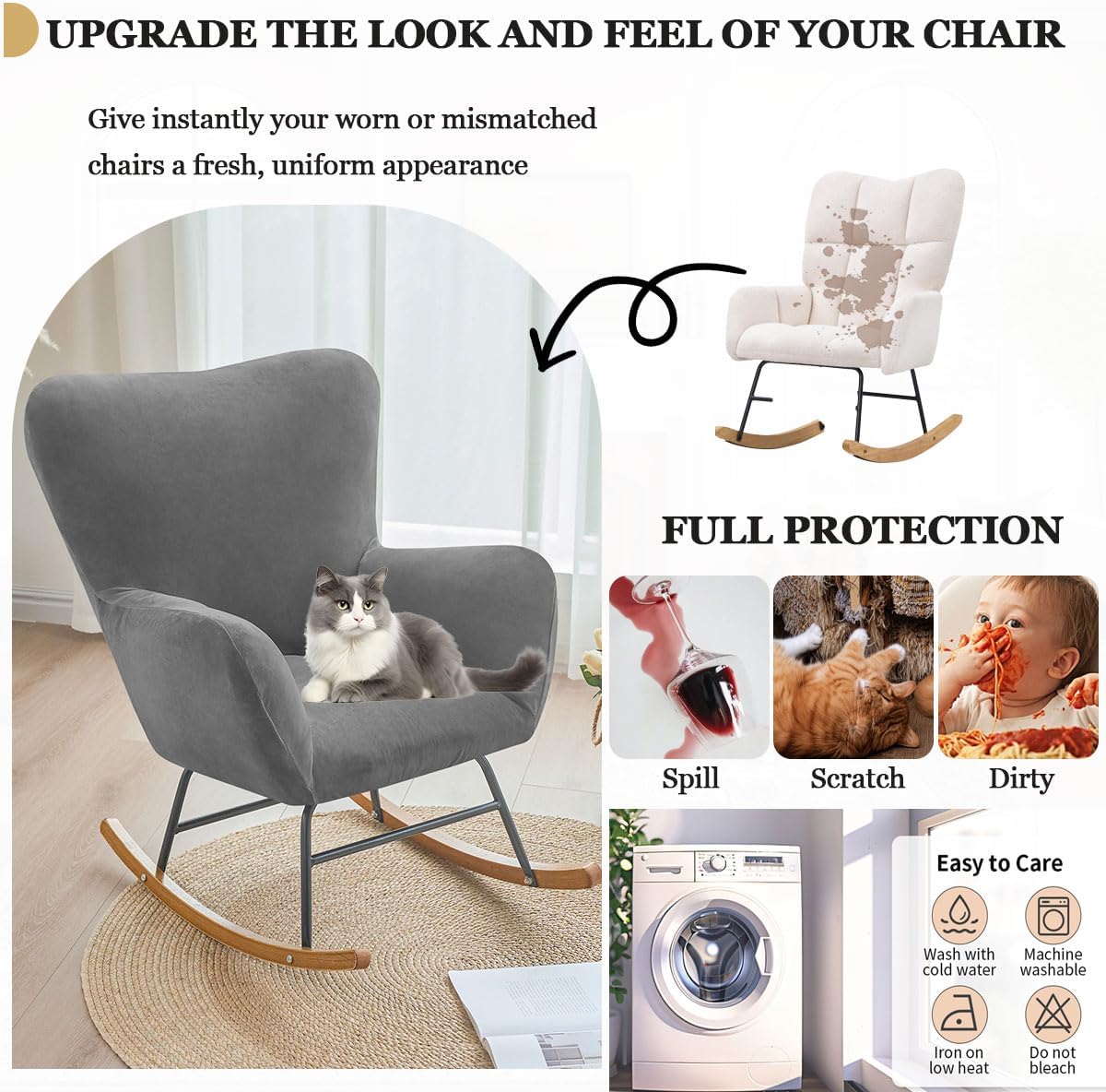 Levoberg Nursery Rocking Chair Cover Velvet Rocker Glider Chairs Cover Slipcovers Stretch Rocking Accent Chair Cover Recliner Armchair Slipcover for Nursery Living Room Bedroom Office Camel