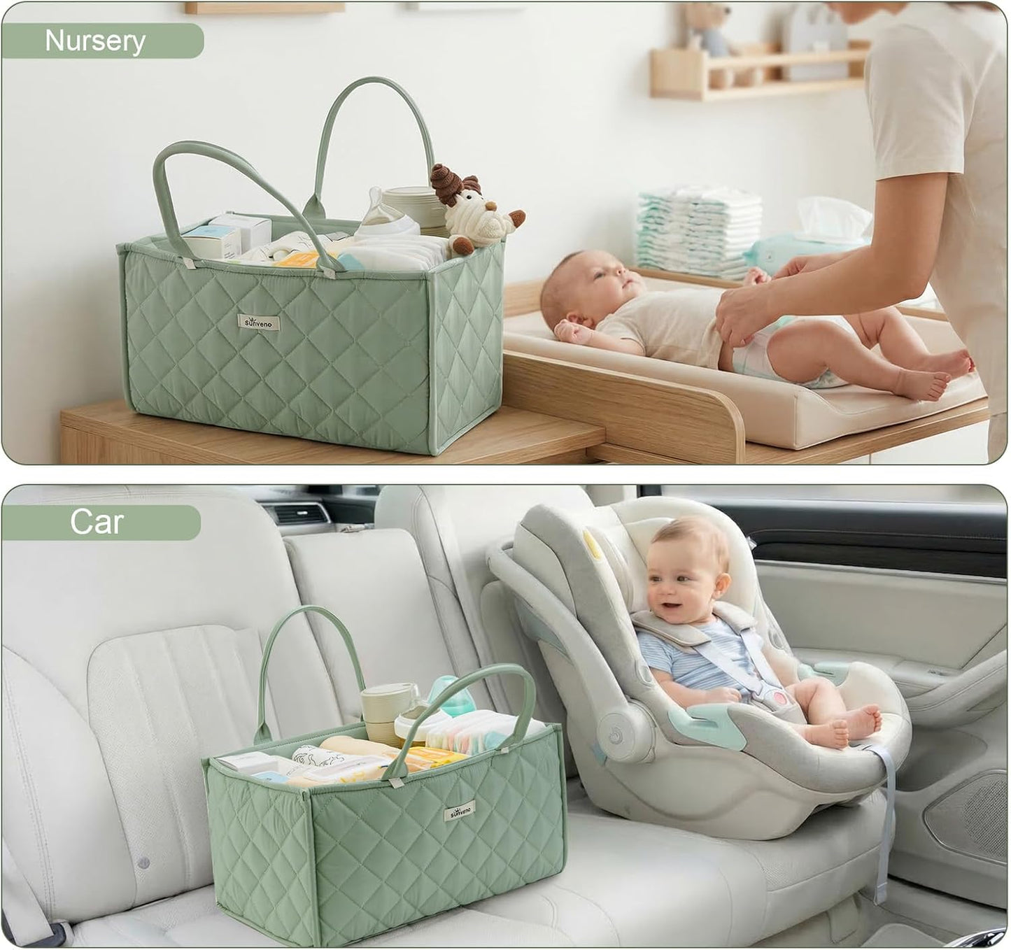 SUNVENO Quilted Diaper Caddy Organizer, Soft Padded Baby Diaper Caddy with Removable Dividers, Large Nursery Storage Basket for Diapers, Wipes and Baby Essentials, Portable Nursery Organizer, Brown