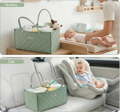 SUNVENO Quilted Diaper Caddy Organizer, Soft Padded Baby Diaper Caddy with Removable Dividers, Large Nursery Storage Basket for Diapers, Wipes and Baby Essentials, Portable Nursery Organizer, Brown