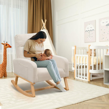 Rocking Chair Nursery, Upholstered Nursing Rocker Chair for Mom with High Backrest and Side Pockets for Bedroom Living Room, Beige