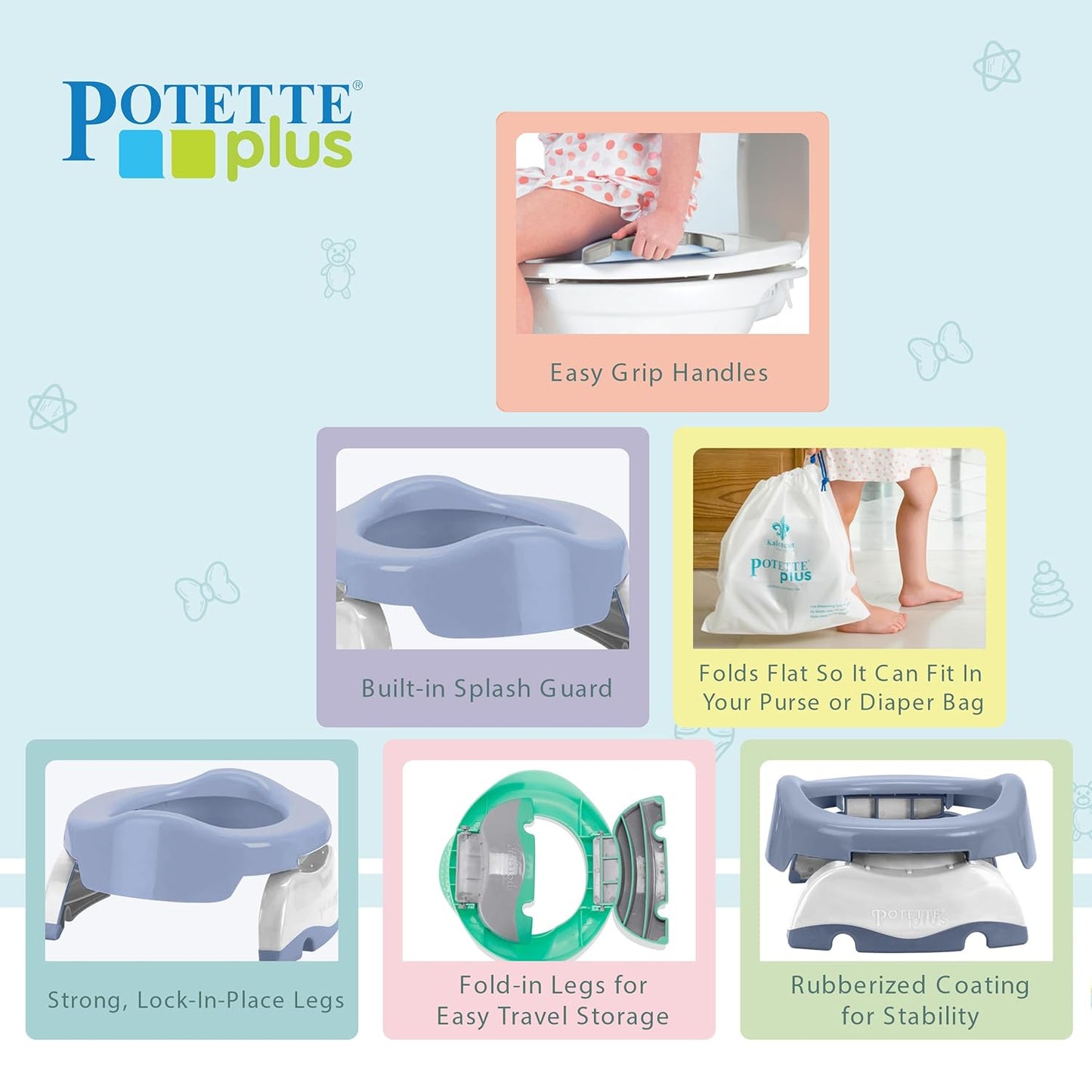 Kalencom Potette Plus 2-in-1 Travel Potty and Trainer Seat - Dual-Purpose Potty Training Toilet Seat - Portable Potty for Toddler Travel - with Durable, Lock-in Legs and Splash Guard - Pastel Mint