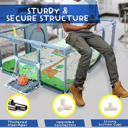 Upgraded Playpen with Enhanced Thick Foldable Mat, Balls, 4 Rings, Storage Bag, Basketball Hoop & Soccer Nets - Play Yard - Sport Playpen - Activity Center - BPA-Free, Non-Toxic, Safe