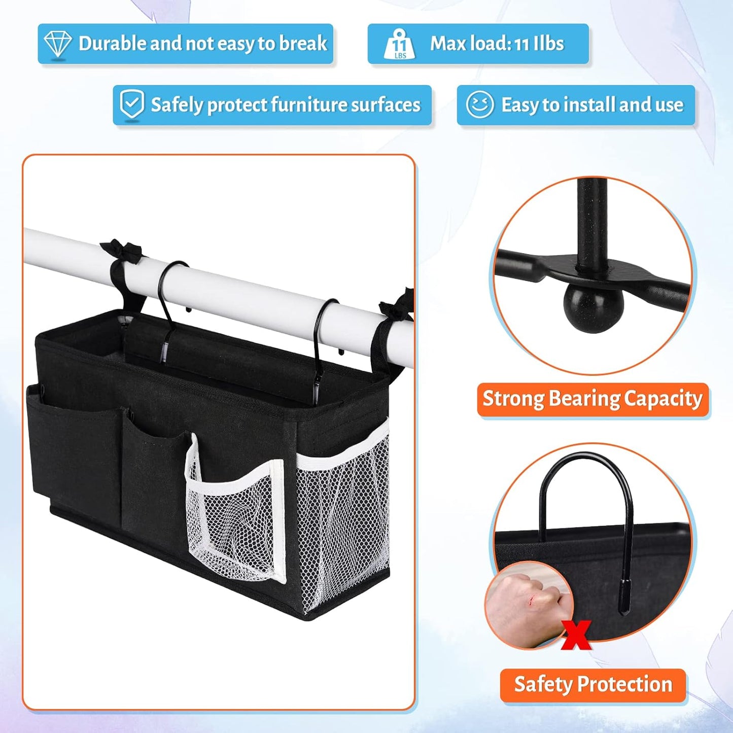 Loghot Bedside Caddy/Bedside Storage Bag Hanging Organizer for Bunk and Hospital Beds,Dorm Rooms Bed Rails,Can be Placed Glasses,Books,Mobile Phones,Keys (White)