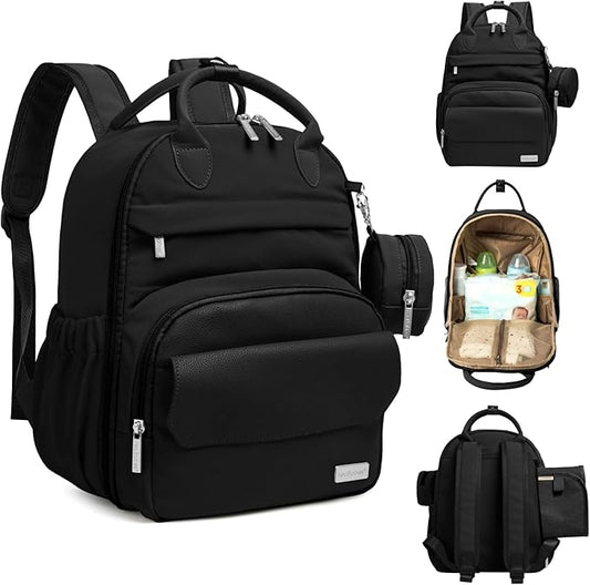 KeaBabies Diaper Bag Backpack - Small Multifunctional Travel Diaper Back Packs, Maternity Baby Changing Bags, 12L Capacity, PU Leather, Waterproof, Unisex, Nappy Changing Pad (Trendy Black, Small)