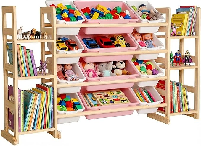 Amdermi Kids Toy Storage Organizer, 51" W White 6-Shelf Bookcase with 12 Bins, Cubby Unit for Toddler Playroom & Bedroom Organization（Pink）