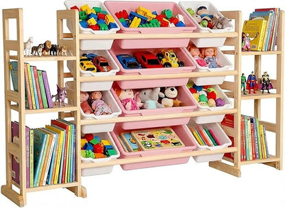 Amdermi Kids Toy Storage Organizer, 51" W White 6-Shelf Bookcase with 12 Bins, Cubby Unit for Toddler Playroom & Bedroom Organization（Pink）
