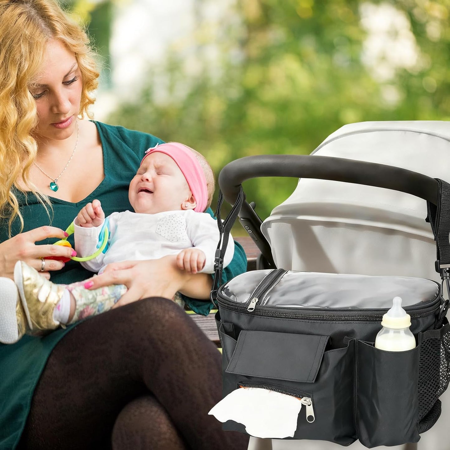 Stroller Organizer with Insulated Cup Holders - Universal Stroller Caddy Bag Fits for Uppababy, Baby Jogger, Nuna - Detachable Shoulder Strap & Large Storage for Diapers, Wipes (Black)