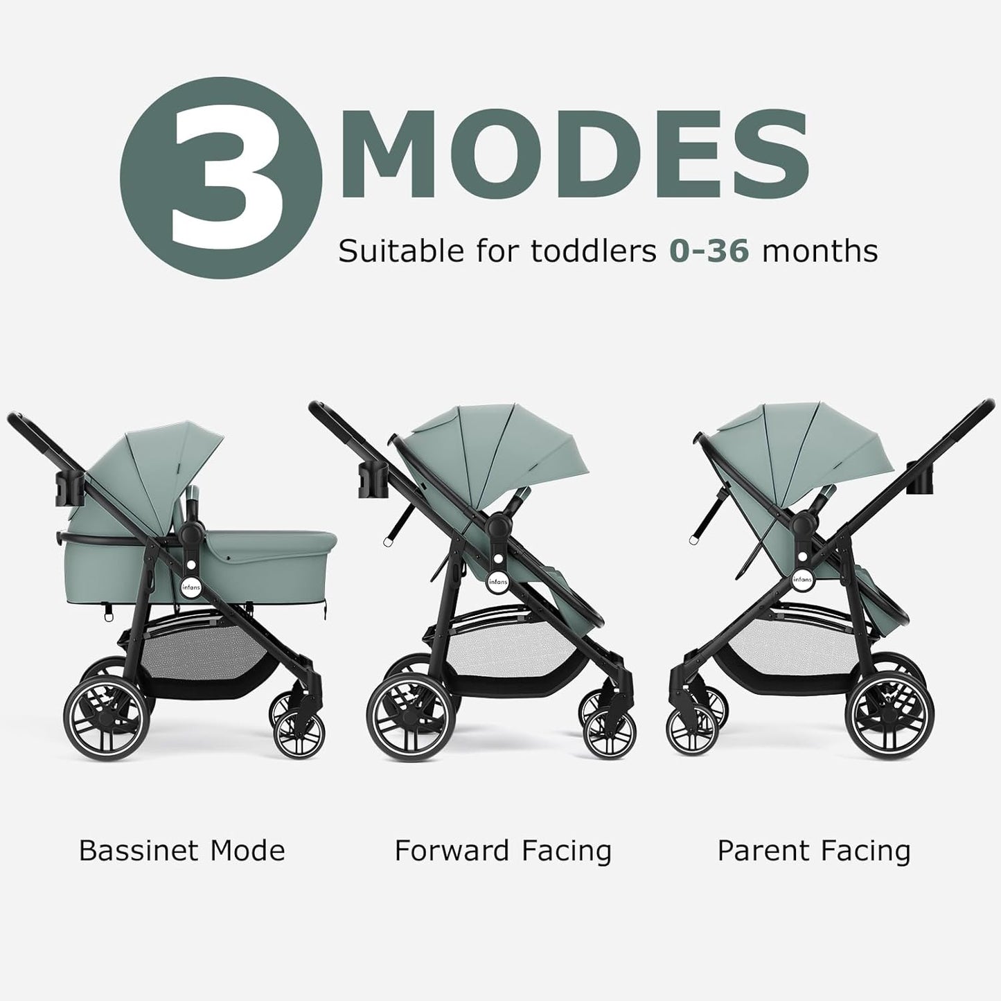 INFANS 2 in 1 Baby Stroller, High Landscape Infant Stroller & Reversible Bassinet Pram, Foldable Pushchair with Adjustable Canopy, Storage Basket, Cup Holder, Suspension Wheels (Black)