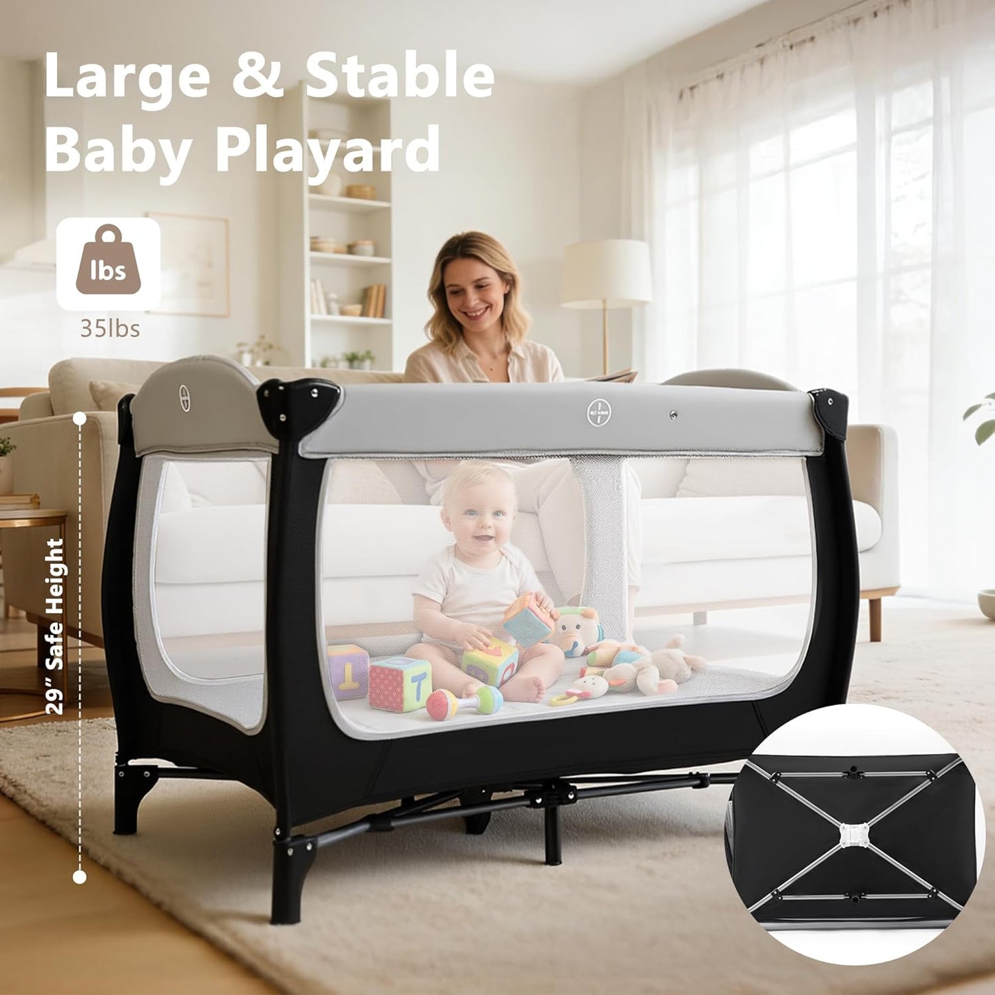 Kinder King 4 in 1 Portable Pack and Play, Baby Playard w/Bassinet, Large Playpen for Infant and Toddler, Newborn Changing Table, Adjustable Canopy, Storage Basket, Travel Bag, Black