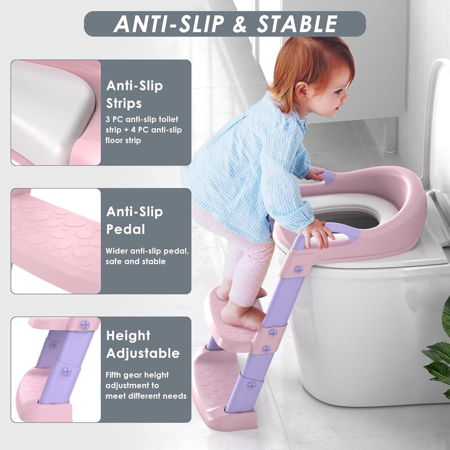 Potty Training Seat with Step Stool Ladder, Toddler Potty Training Toilet for Boys Kids, Potty Chair Adjustable Potty Seat for Toilet with Anti-Slip Wide Steps Splash Guard Safety Handles