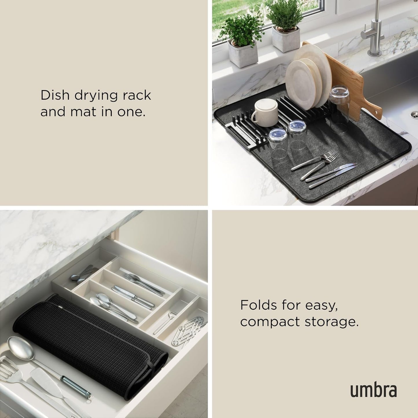 Umbra Udry Dish Rack and Microfiber Drying Mat – Space-Saving Design Folds Up for Easy Storage, Mini Rack, Gray