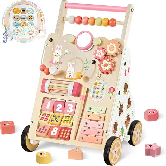 Baby Push Walker, Wooden Baby Walker with Wheels, Montessori Activity Center for 1 2 3 Years Old Boys Girls, Adjustable Speed & Height Push Toy for Toddler Learning to Walk, Kids Development Gift