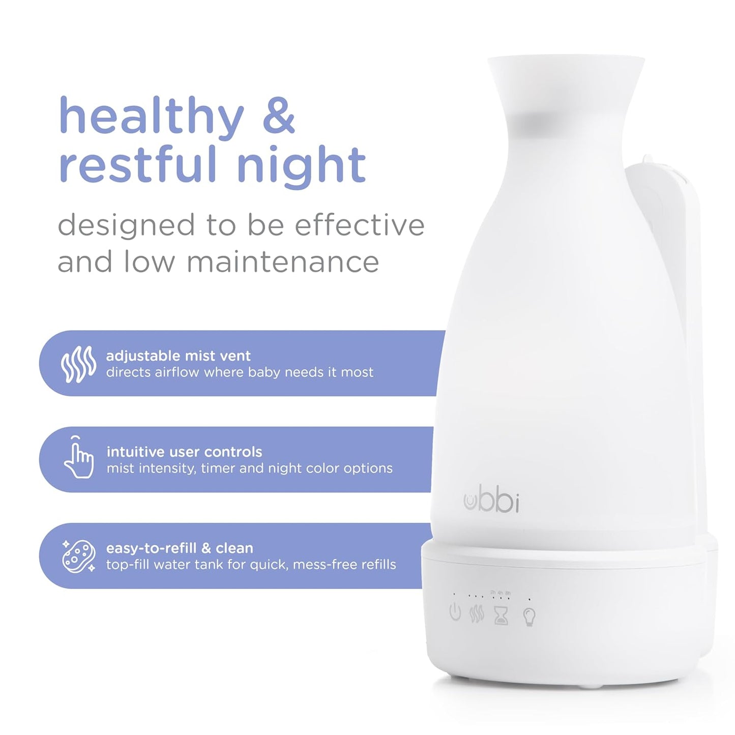 Ubbi Ultrasonic Humidifier, Easy Top-Fill Design, Adjustable Mist Control, Soft Night Light Glow and Quiet Operation for Nursery and Bedroom