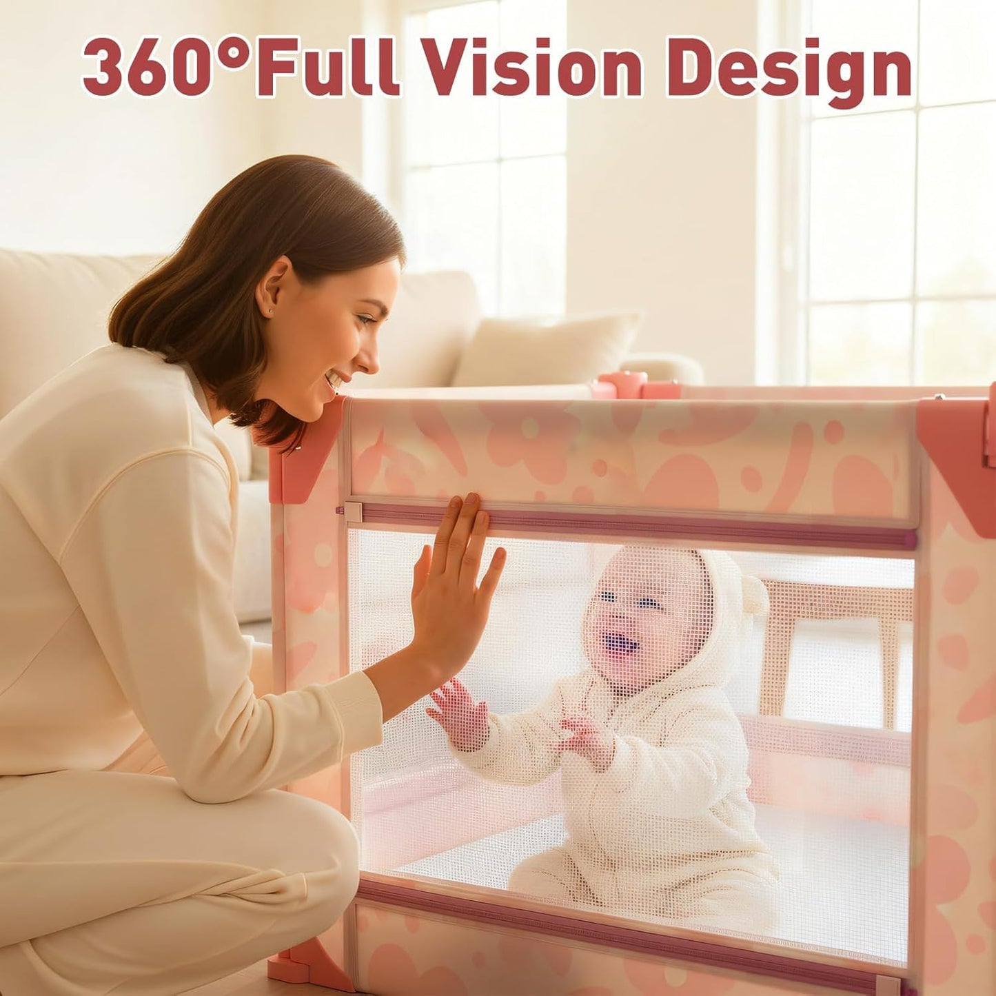Baby Playpen for Babies and Toddlers, Upgraded 50x50 Inch Foldable No Assembly Required Play Yard with Breathable Mesh, Safe Playard with Gate, Indoor & Outdoor Infants Play Pen (1pc-Sand Checks)