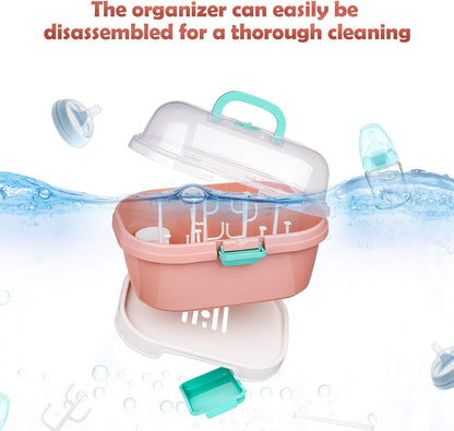 NiHome Portable Baby Bottle Drying Rack with Anti-Dust Lid, Cutlery Organizer and Drain Board - Easy-Carry Handle for Home, Kitchen, Travel and Outdoors (Pink)