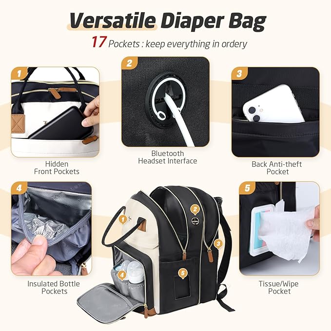 Diaper Bag Backpack - Extra Large Diaper Backpack for 2 Kids Twin, Travel Baby Bags for Mom Dad 25-37L Expandable with Changing Pad, Quilted Beige Black