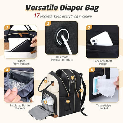 Diaper Bag Backpack - Extra Large Diaper Backpack for 2 Kids Twin, Travel Baby Bags for Mom Dad 25-37L Expandable with Changing Pad, Quilted Beige Black
