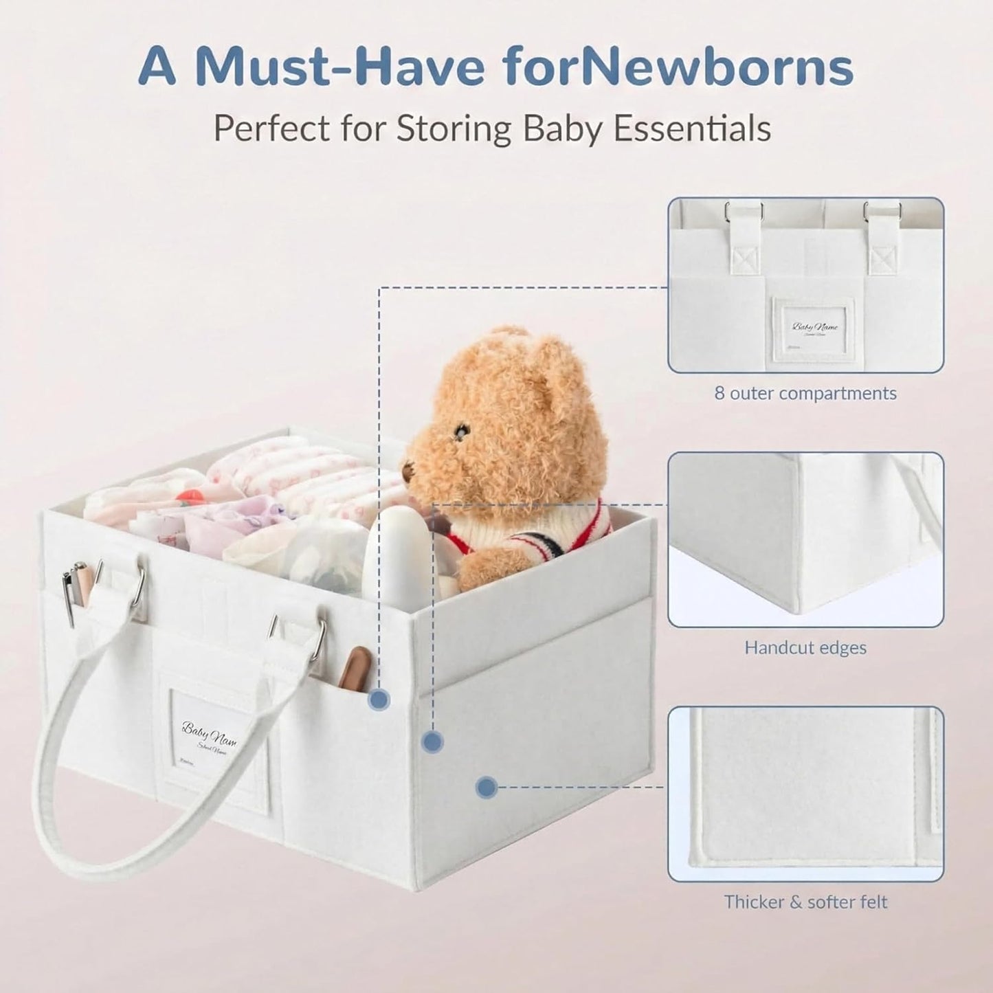 Diaper Caddy Organizer, Newborn Essetials Must Haves, Baby Registry Search and Other Baby Stuff, Collapsible Baby Basket with Handle and a Photo Frame, Grey, 11.8 x 6.3 x 9.0 inch