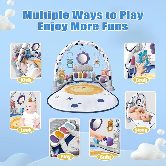 Cuterabit Baby Play Gym Mat, Baby Gym Activity Center, Kick and Play Piano with Music and Light, Tummy Time Toys for Newborn Babies Infants Boys Girls 0-3-6-9-12 Months (Grey)