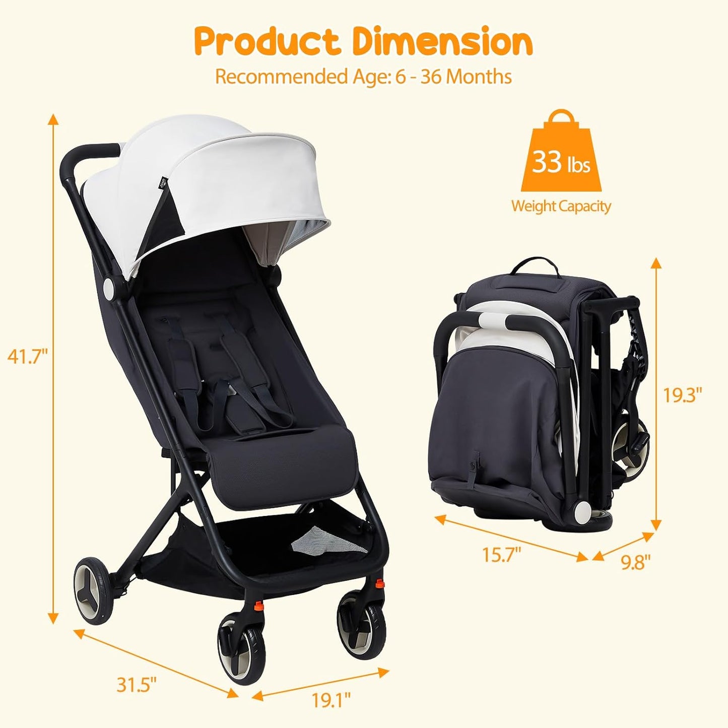 Lightweight Baby Stroller, Compact One-Hand Fold Travel Stroller Airplane Friendly, Reclining Infant Stroller with 5-Point Harness & Adjustable Canopy, All-Terrain Stroller for Toddlers 6-36 Months