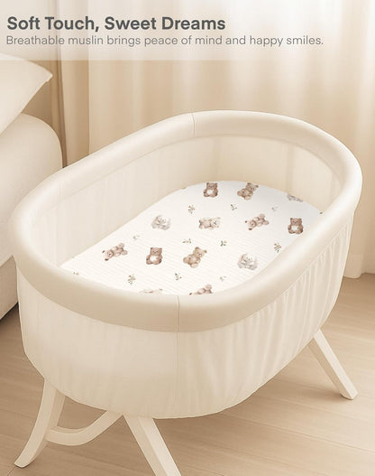 Muslin Bedside Bassinet Sheets 2 Pack, 33x20 Fitted Ultra Soft & Breathable Bedside Sleeper Sheets, Ideal for Baby Girl and Boy, Perfect for Newborns (Hopping Bunnies & Beige)