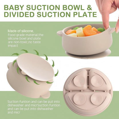 Dandat 24 Pcs Silicone Baby Feeding Set,6 Baby Toddler Suction Bowls 6 Divided Suction Plates with 6 Forks 6 Spoons, Utensils Set for Weaning Infant Feeding and Eating, 6 Styles (Elegant Color)