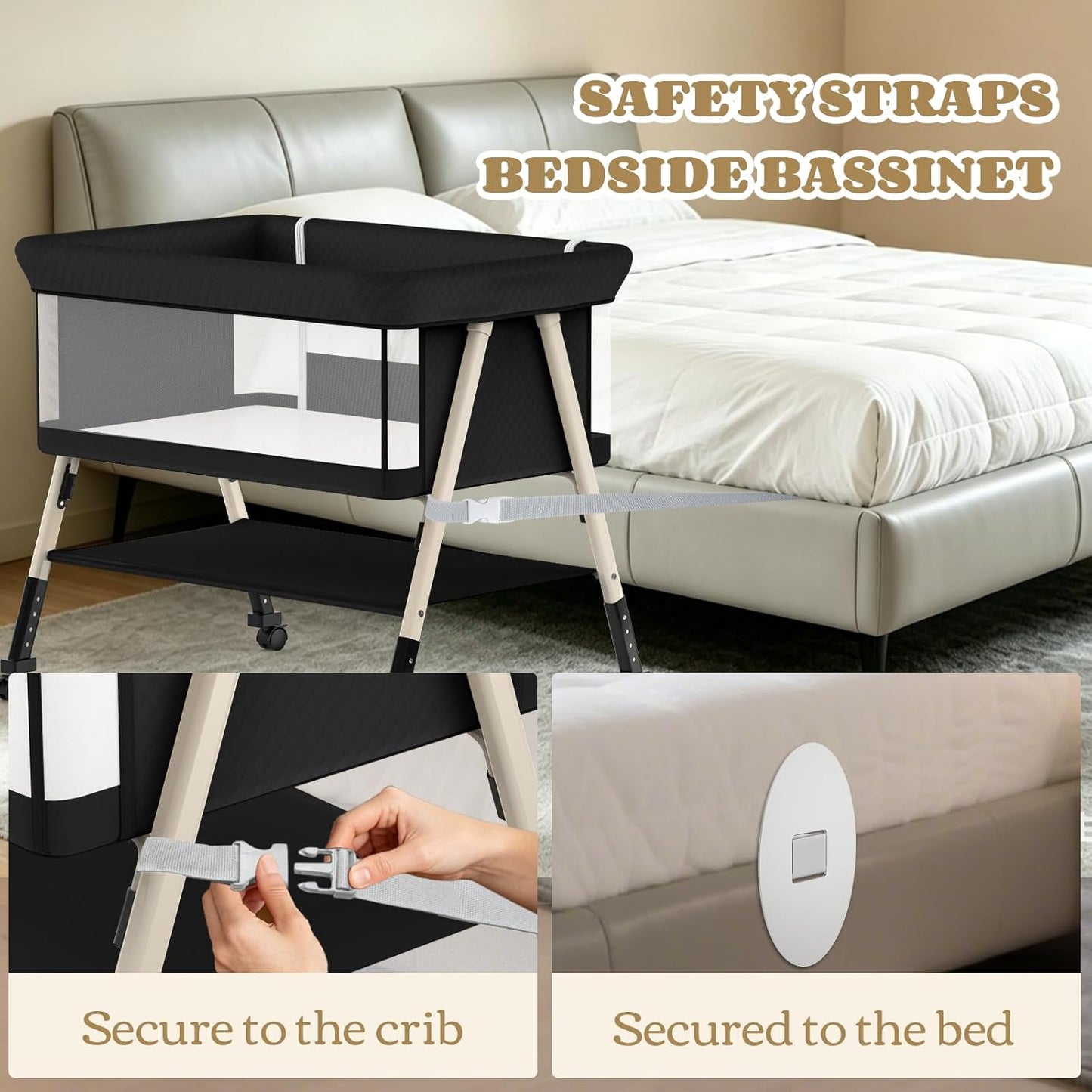 Baby Bassinet, 3-in-1 Baby Bassinets Bedside Sleeper for Newborn with Breathable Mesh, Portable Baby Crib with 4- Adjustable Height, Mattress, Storage Basket & Lockable Wheels, CPSC Beige