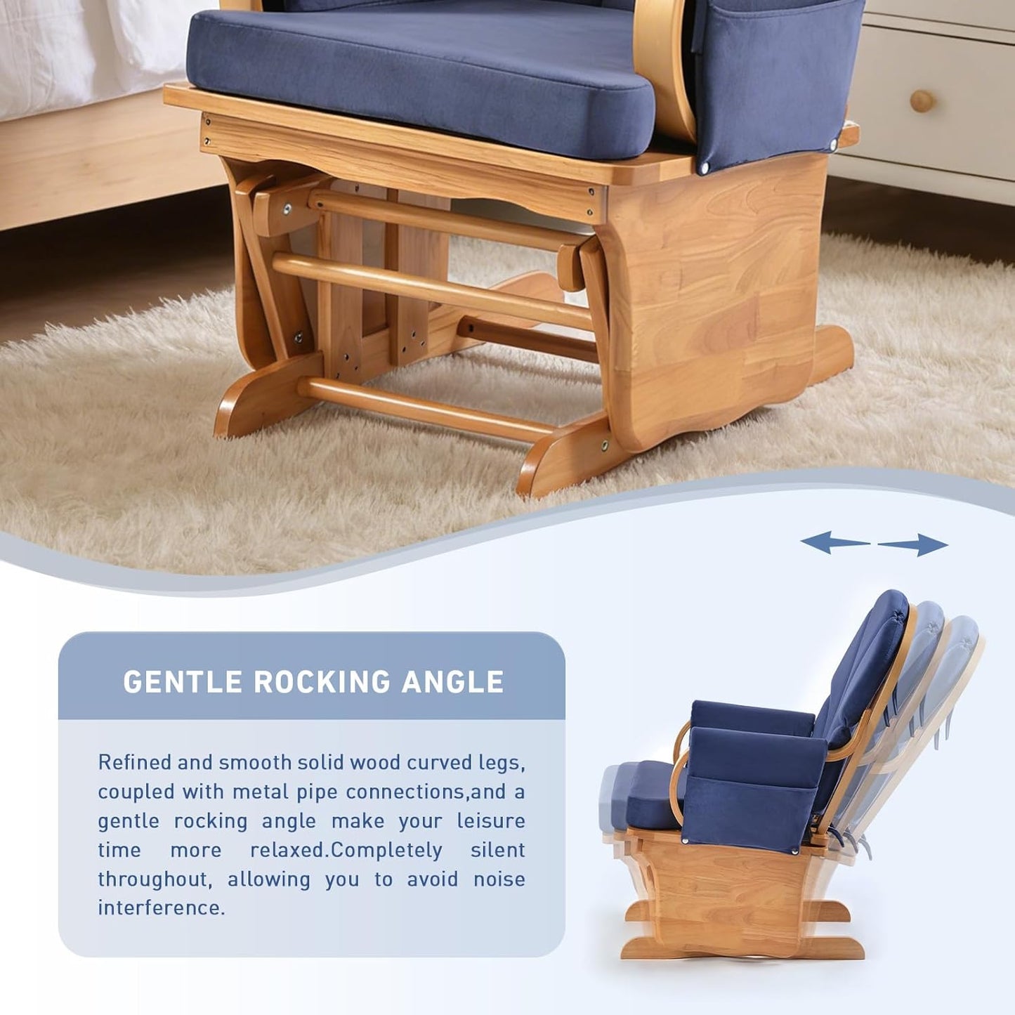 Glider Rocking Chair with Ottoman Set, Solid Wood Nursery Glider Rocker with Padded Cushion, High Back Upholstered Swivel Glider for Living Room, Nursing, Reading, 280LBS Weight Capacity,Oak+Khaki