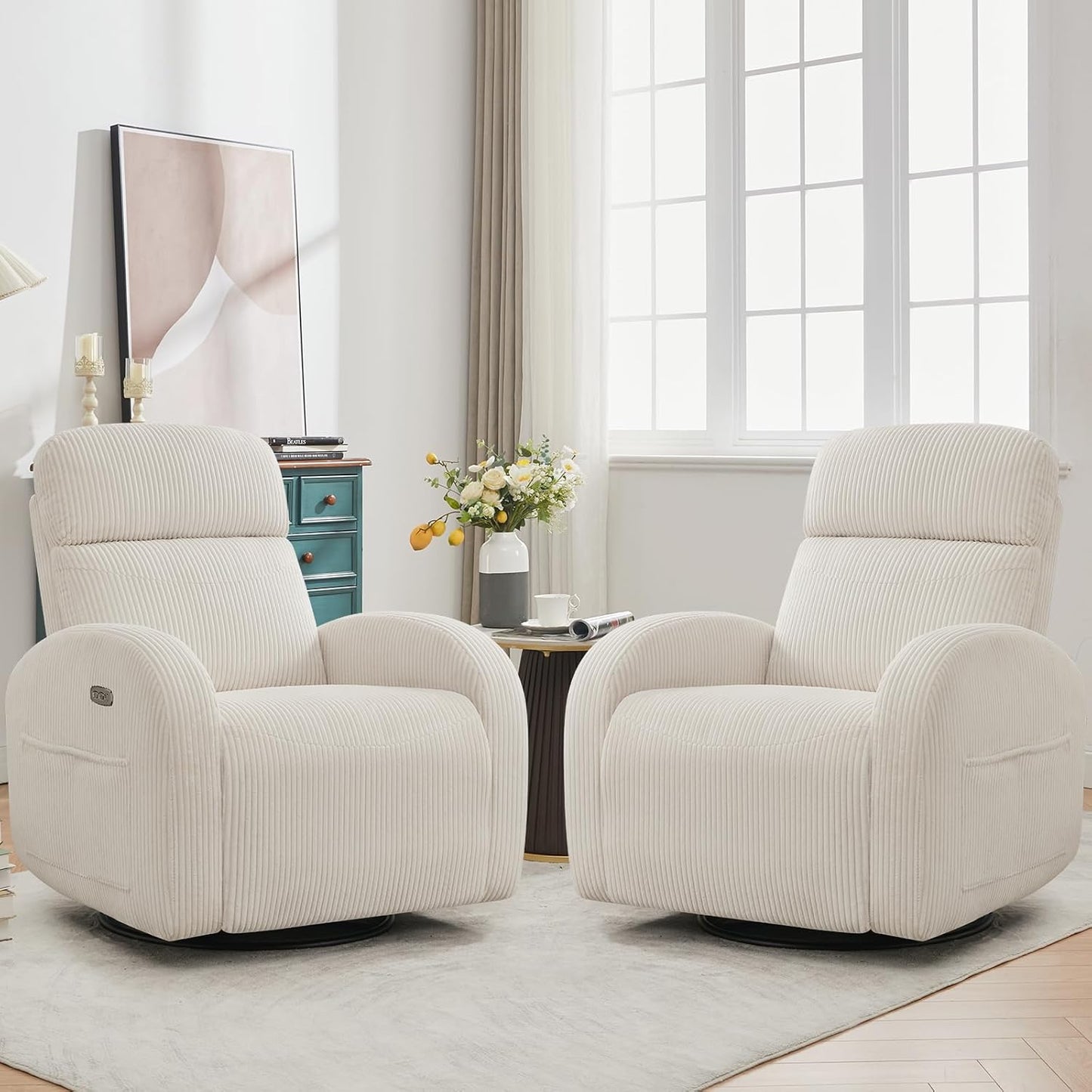 Swivel Rocker Recliner Chair, Rocking Recliner for Nursery with Side Pockets, Manual Swivel Reclining Nursery Glider Chair for Breastfeeding Living Room, Camel Chenille