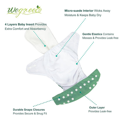 wegreeco Cloth Diapers 6 Pack with 6 Inserts & 1 Wet Bag, Washable Cloth Diapers for Babies, One Size Adjustable Reusable (Flower)