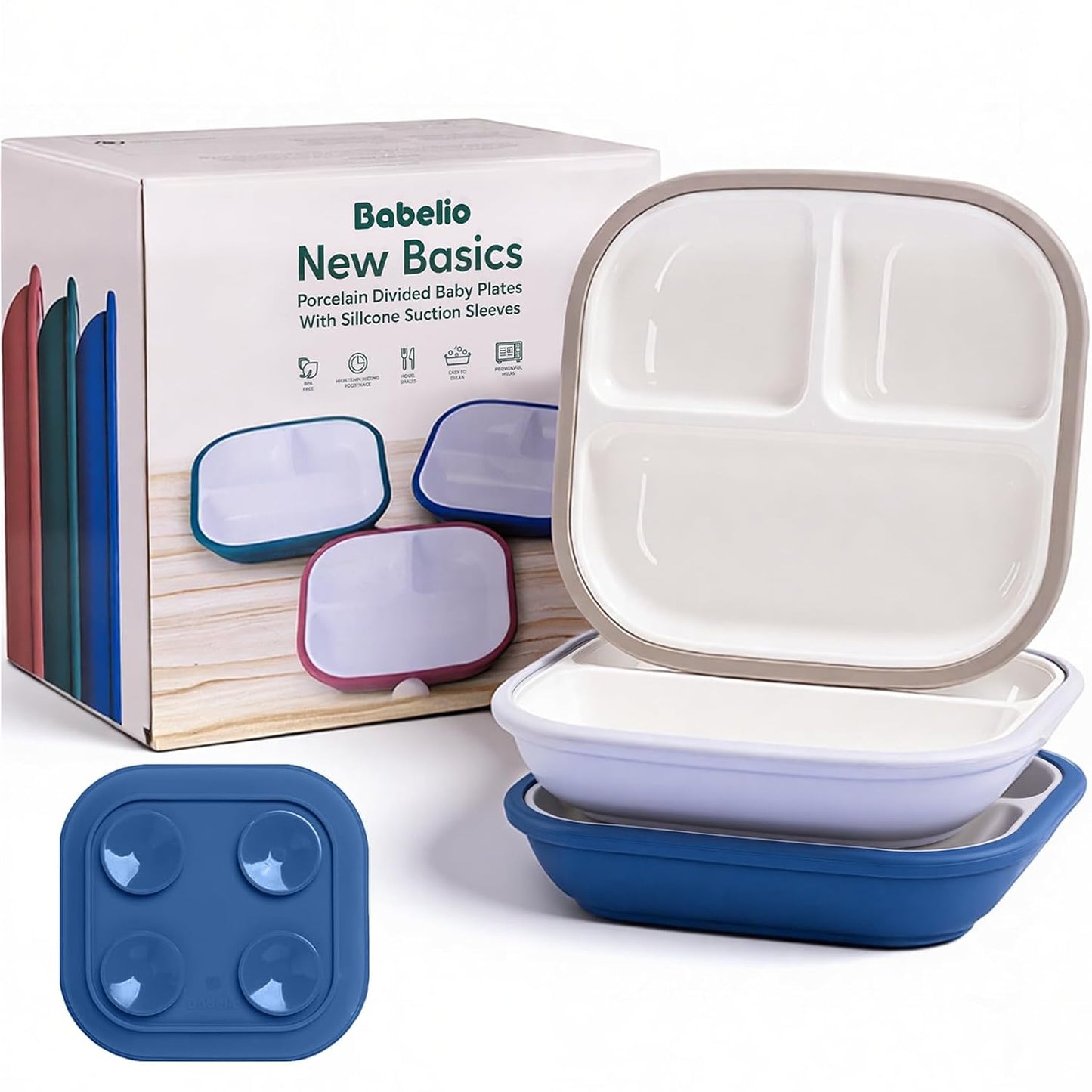 BABELIO Powerful Suction Plates for Baby and Toddler, 100% Food Grand Silicone, Divided, BPA Free, Microwave & Dishwasher Safe, Stay Put, 3 Pack
