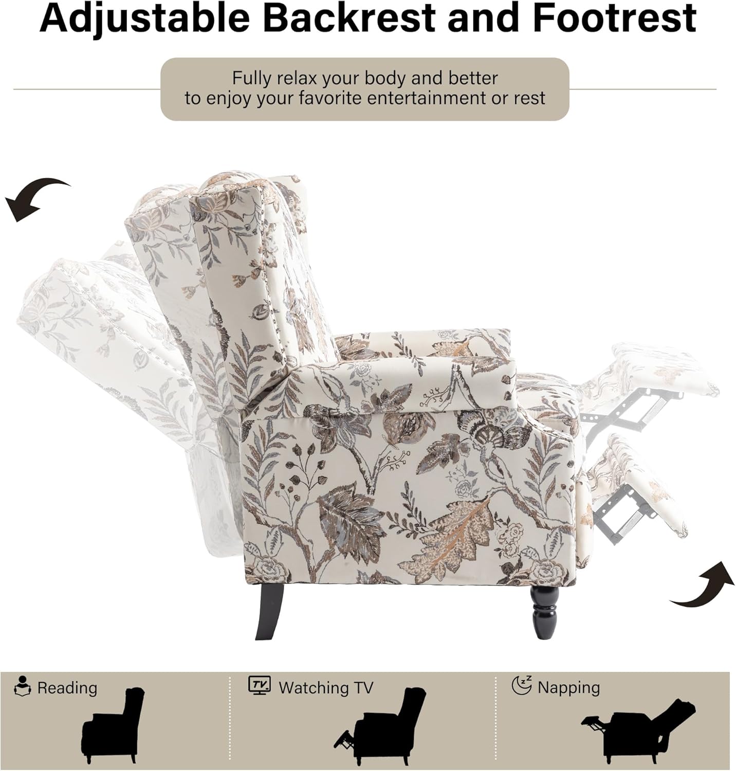 Swivel Rocker Recliner Chair, Manual Nursery Glider Recliner, Floral Fabric Wingback Accent Chair with Adjustable Backrest & Footrest for Small Spaces Living Room Bedroom (Plants Floral, Set of 1)