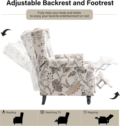 Swivel Rocker Recliner Chair, Manual Nursery Glider Recliner, Floral Fabric Wingback Accent Chair with Adjustable Backrest & Footrest for Small Spaces Living Room Bedroom (Plants Floral, Set of 1)