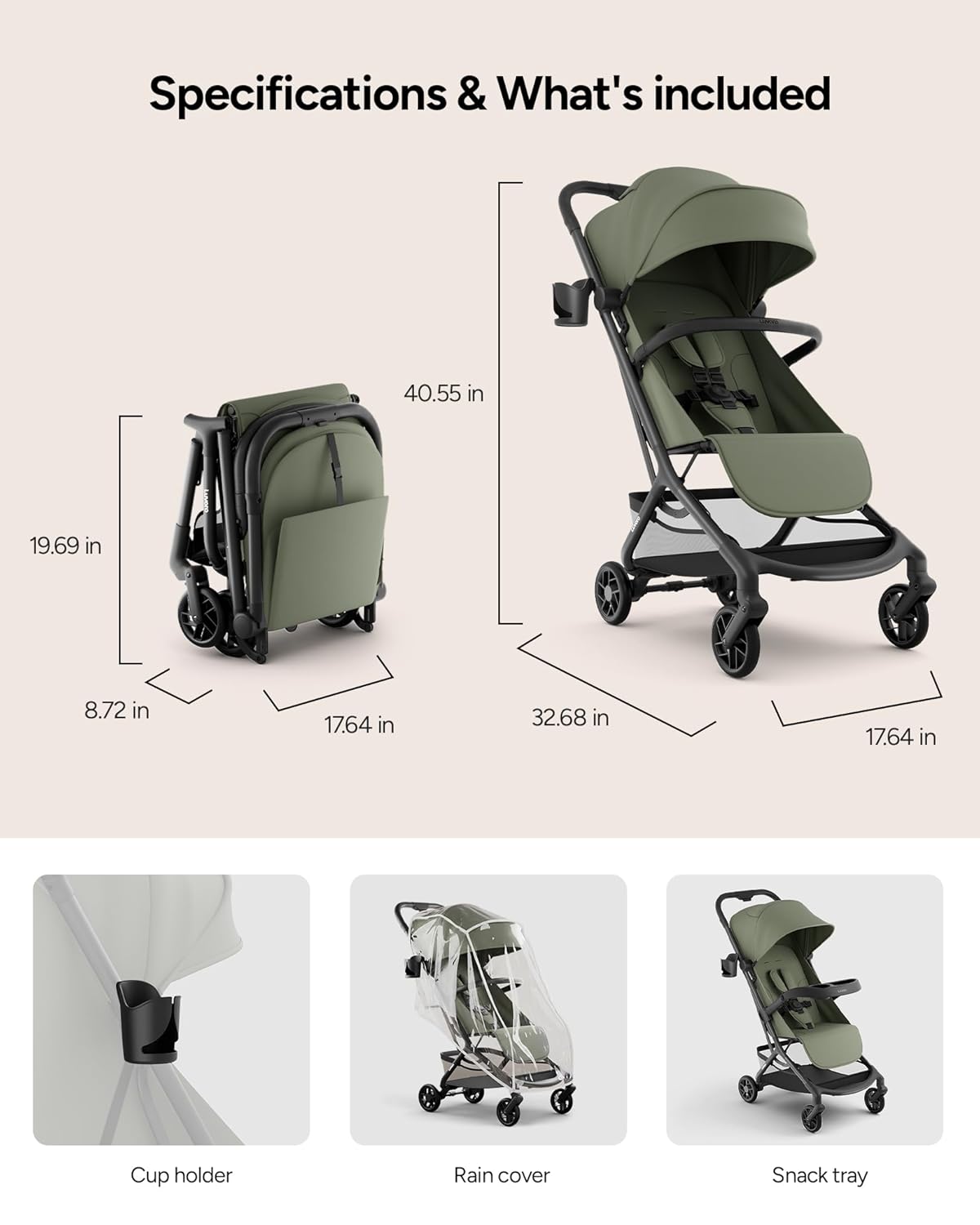 Neo Lightweight Travel Stroller with Snack Tray, Airplane-Friendly Compact Baby Stroller, One-Hand Fold Portable Stroller for Toddler 0-55lbs, Adjustable Recline Seat, UPF 50+ Canopy,Rain Cover