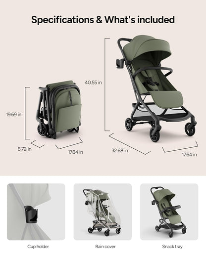 Neo Lightweight Travel Stroller with Snack Tray, Airplane-Friendly Compact Baby Stroller, One-Hand Fold Portable Stroller for Toddler 0-55lbs, Adjustable Recline Seat, UPF 50+ Canopy,Rain Cover