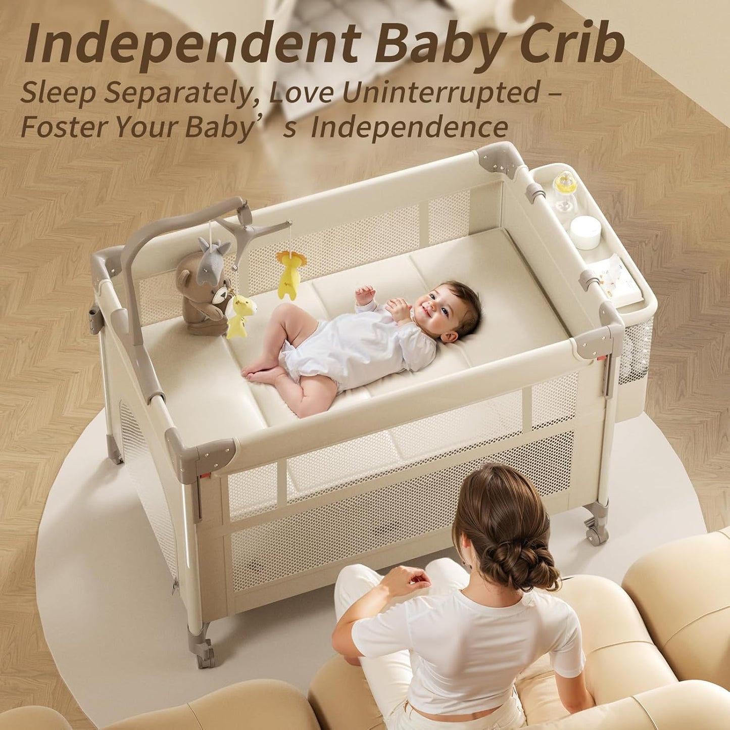 4-in-1 Baby Playard, Pack and Play: 4-Level Height-Adjustable Bedside Bassinet, One-Touch Foldable Travel Crib with Changing Table, Music Mobile & 4 Locking Wheels for Newborn to Toddler