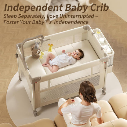 4-in-1 Baby Playard, Pack and Play: 4-Level Height-Adjustable Bedside Bassinet, One-Touch Foldable Travel Crib with Changing Table, Music Mobile & 4 Locking Wheels for Newborn to Toddler
