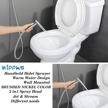 Chrome Handheld Bidet Sprayer for Toilet Warm Water, WiPPhs Stainless Steel Polished Silver Bidet Hand Held Sprayer with Brass Hot and Cold Mixing Valve, WI9138CP