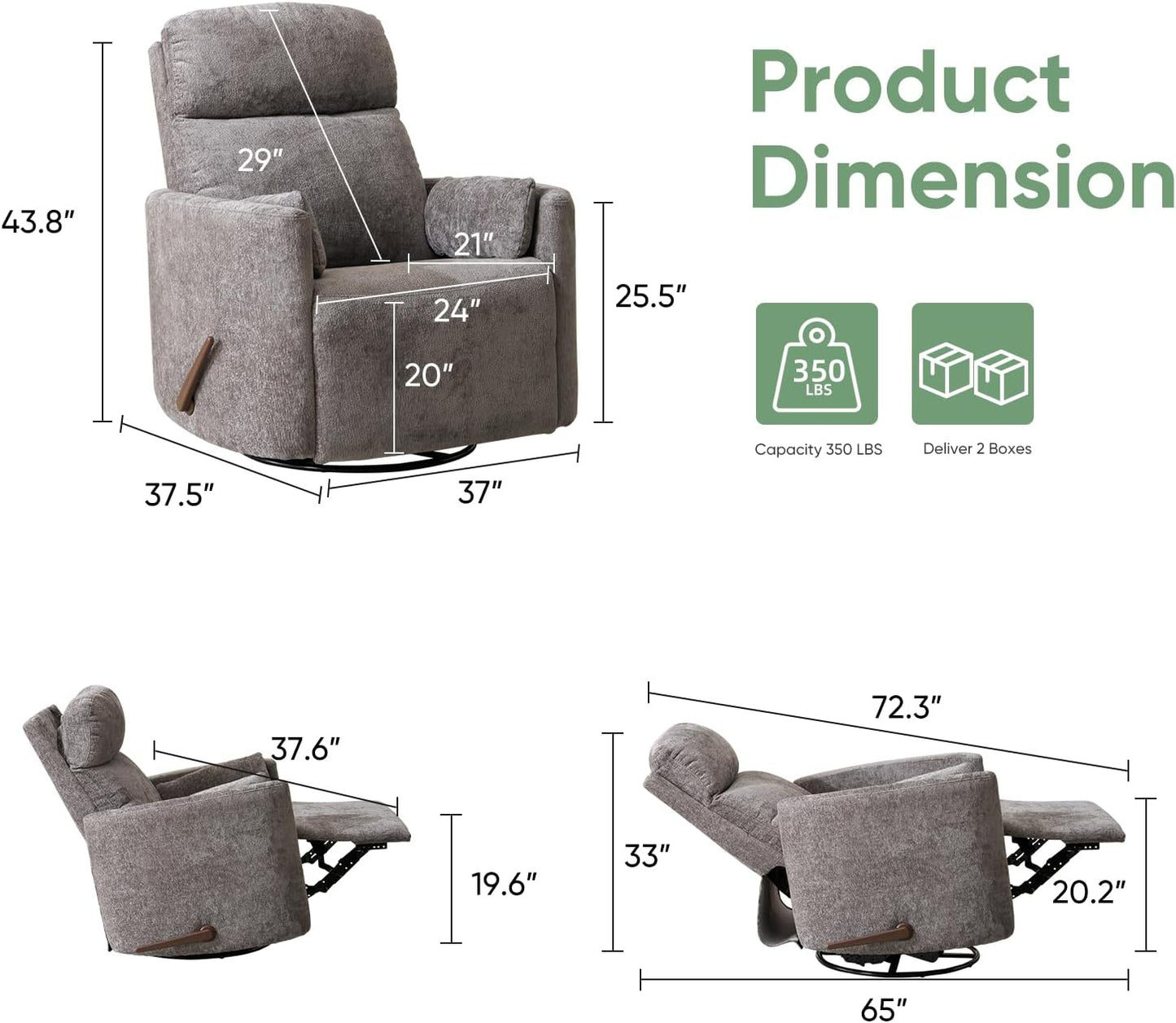 Oversized Swivel Rocker Recliner Chair with Heat and Massage, Rocking Chair with Adjustable Headrest, Manual Recliner, Glider Recliner with 2 Pillows, Chenille White